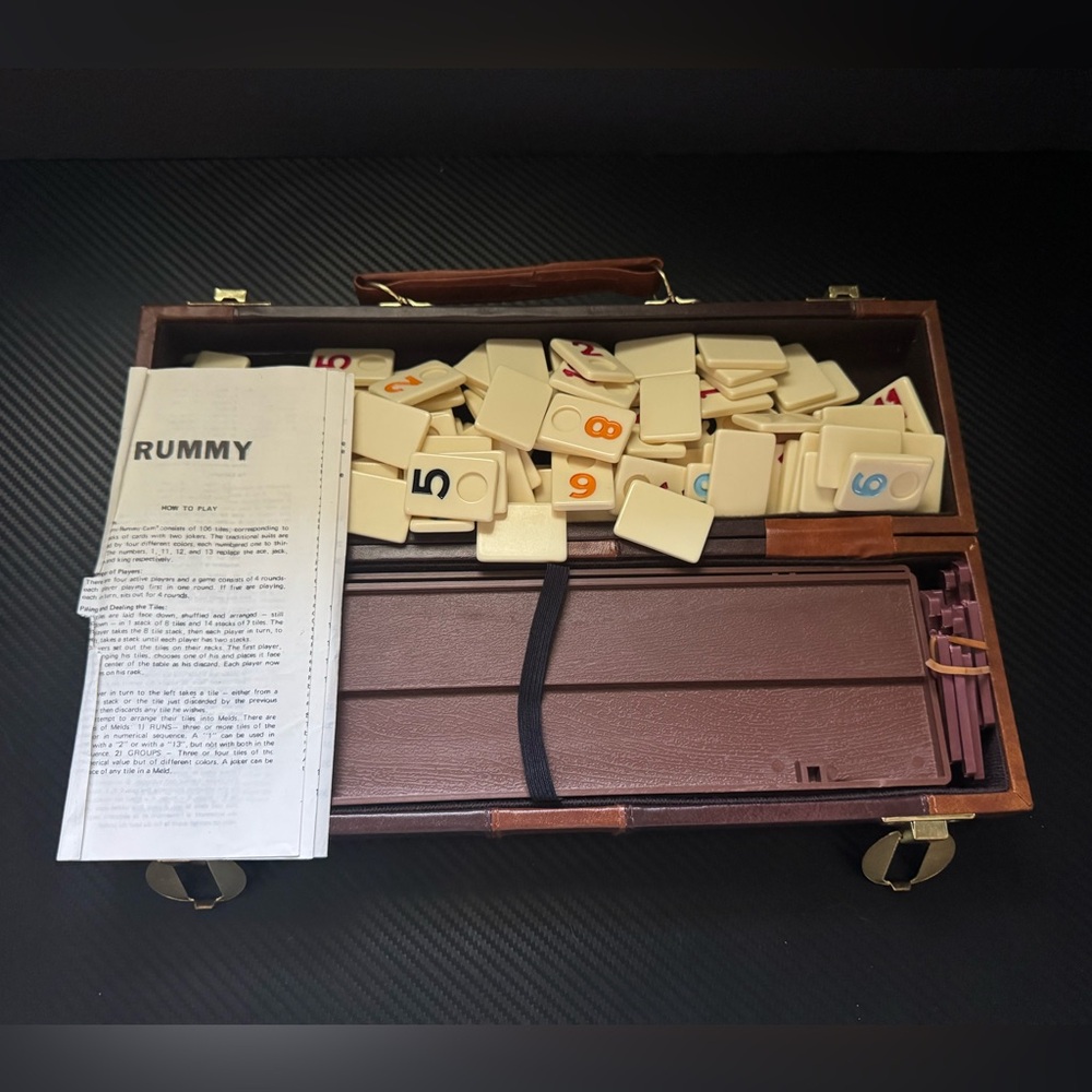 Vintage Classic Rummy Tile Game Set with Plastic Racks and Carrying Brown Case